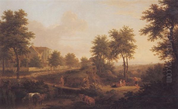 An Extensive Landscape With Figures And Sheep On A Path Passing A Country House Oil Painting by George Lambert