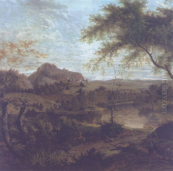 An Italianate Landscape With Travellers In The Foreground, A Lake, A Fortress And Mountains Beyond Oil Painting by George Lambert