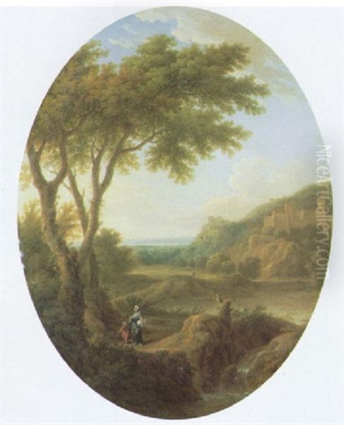 An Italianate Landscape With A Mother And Child On A Country Path, A Castle On A Hill Above A Lake And An Extensive Plane Oil Painting by George Lambert