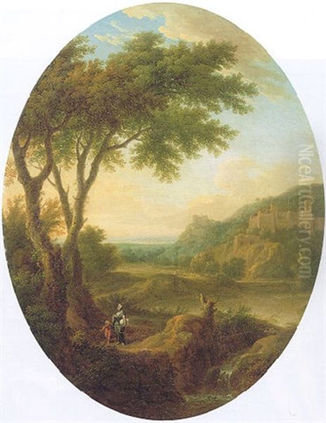 An Italianate Landscape With A Mother And Child On A Country Path, A Castle On A Hill Above A Lake And An Extensive Plain Beyond Oil Painting by George Lambert