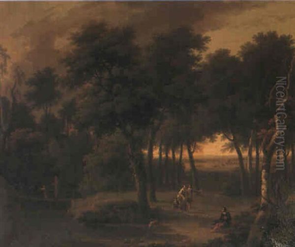 A Wooded River Landscape, With Figures, A Bridge, And A Ruined Castle Beyond Oil Painting by George Lambert