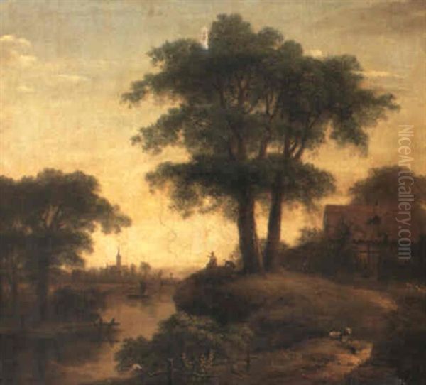 A Wooded River Landscape, With Country Folk, And A Town And Church Beyond Oil Painting by George Lambert