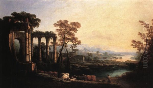 Italianate River Landscape With Classical Ruins, Figures And A Town Oil Painting by George Lambert