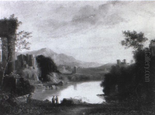 An Extensive Lake Landscape With Ruins Oil Painting by George Lambert