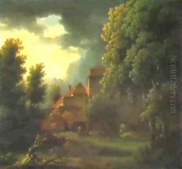 A Wooded Landscape With Figures By A House Oil Painting by George Lambert