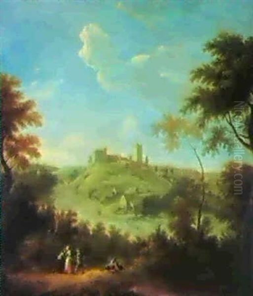 An Extensive View Of Richmond Castle, Yorkshire, With Figures In The Foreground Oil Painting by George Lambert