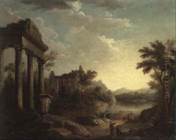 Figures Before A Lake, In An Extensive Italianate Landscape Oil Painting by George Lambert