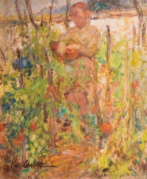 Femme Ramassant Des Tomates Dans Le Jardin Oil Painting by Joseph Lamberton