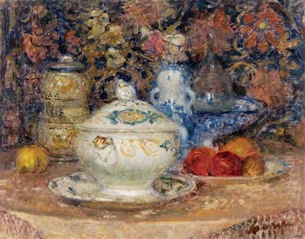 Nature Morte A La Soupiere Et Aux Fleurs Oil Painting by Joseph Lamberton