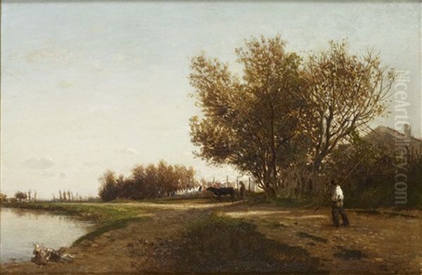 Paysage Au Pecheur Oil Painting by Emile Charles Lambinet