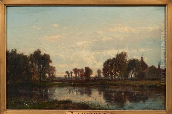 Paysage Au Bord D'une Riviere Oil Painting by Emile Charles Lambinet