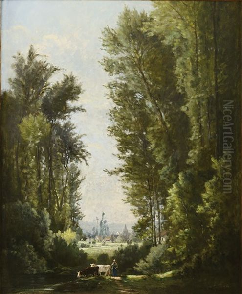 Paysanne Et Ses Vaches En Lisiere De Foret Oil Painting by Emile Charles Lambinet