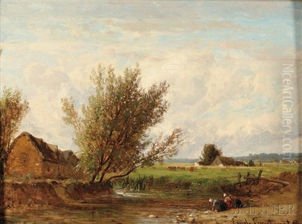 Washerwomen At A Country Stream Oil Painting by Emile Charles Lambinet