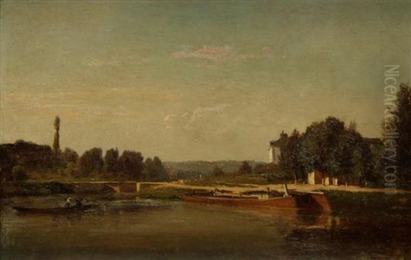 Peniche En Bord De Riviere Oil Painting by Emile Charles Lambinet