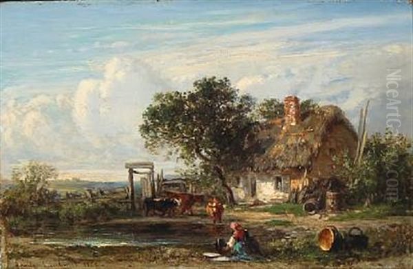 Laveuse Devant La Ferme Oil Painting by Emile Charles Lambinet