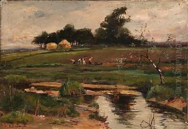 Landscape With Harvest Workers Oil Painting by Emile Charles Lambinet