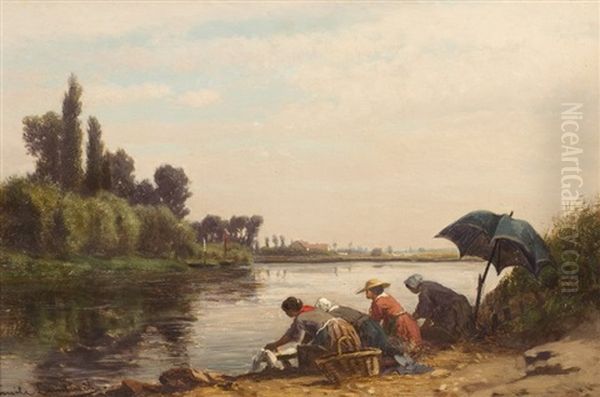 Les Lavandieres Oil Painting by Emile Charles Lambinet