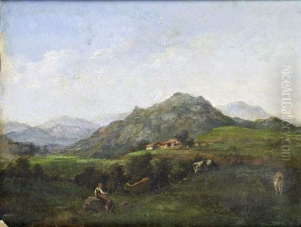 Paysage De Montagne Avec Troupeau Oil Painting by Emile Charles Lambinet