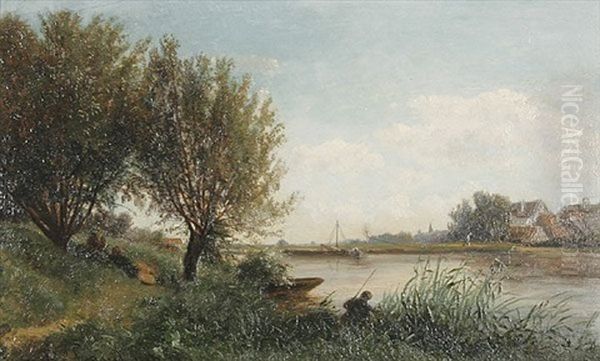 Franzosische Fluslandschaft Mit Einem Am Ufer Sitzenden Angler Im Vordergrund Oil Painting by Emile Charles Lambinet