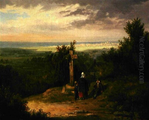 La Recontre Au Calvaire Au Dessus De La Plaine Oil Painting by Emile Charles Lambinet