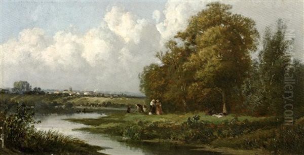 Jardiniers Au Bord De La Riviere by Emile Charles Lambinet