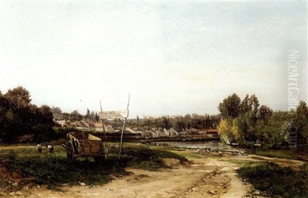 Landscape With Workers In A Field Oil Painting by Emile Charles Lambinet