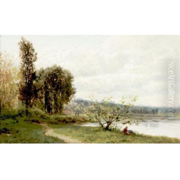 Path Beside A Pond Oil Painting by Emile Charles Lambinet