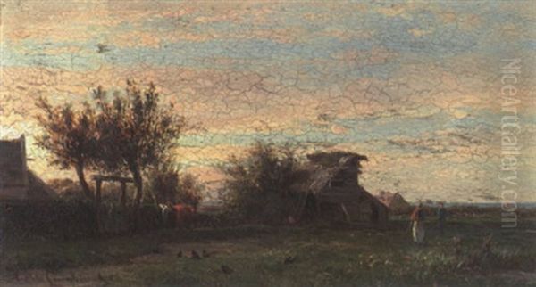 Abendstimmung Uber Gehoft Mit Bauern Und Federvieh Oil Painting by Emile Charles Lambinet