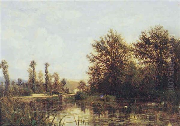 Paysage Au Bord De La Riviere Oil Painting by Emile Charles Lambinet