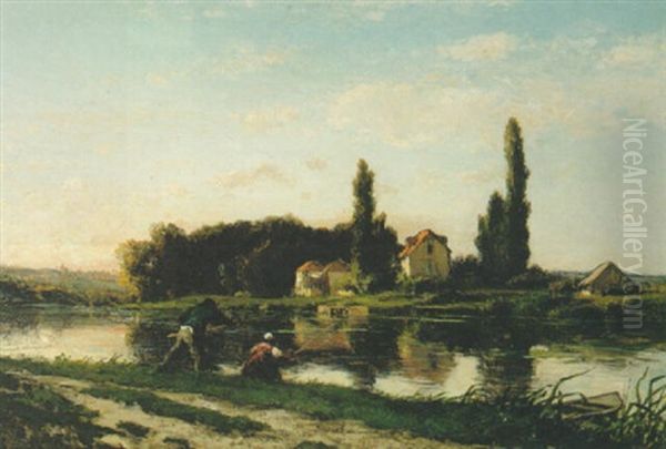 Fishing By The River Oil Painting by Emile Charles Lambinet