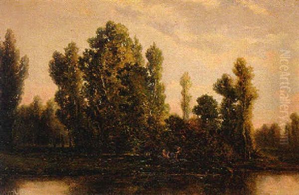 Bord De Riviere Animee Oil Painting by Emile Charles Lambinet