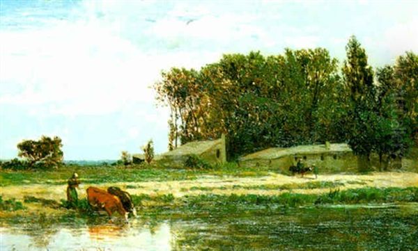 Bord De Riviere Animee Oil Painting by Emile Charles Lambinet