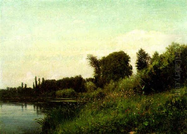 Fishermen Along A River Bank Oil Painting by Emile Charles Lambinet