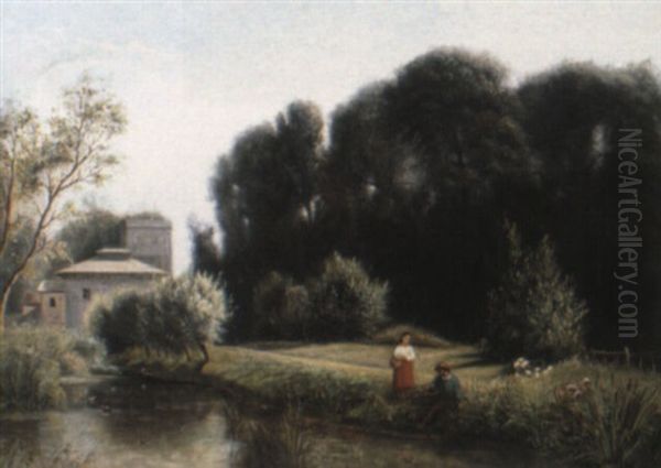 Fishing By The Mill Oil Painting by Emile Charles Lambinet