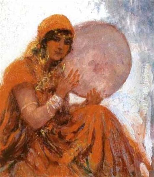 La Joueuse De Tambourin, Tunisie Oil Painting by William Lambrecht