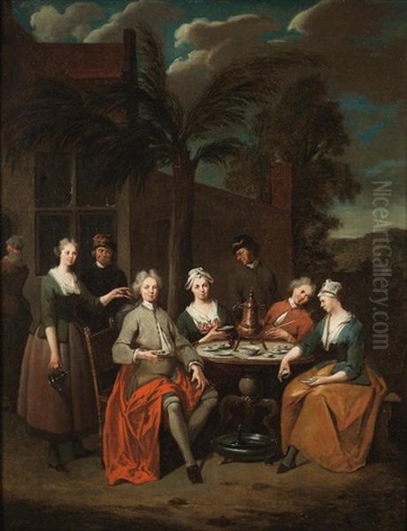 Elegant Company Drinking Tea In The Garden Of A Country House Oil Painting by Jan Baptist Lambrechts