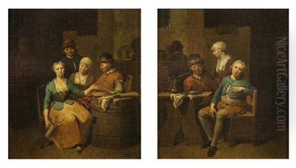 1 - Scene D'estaminet Avec Une Femme Au Pichet Pres De Villageois Autour D'un Tonneau    2 - Villageois Autour D'une Table Avec Pichet Et Plat Oil Painting by Jan Baptist Lambrechts