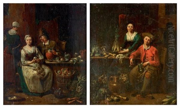 Deux Scenes De Cuisine Formant Pendant (pair) Oil Painting by Jan Baptist Lambrechts