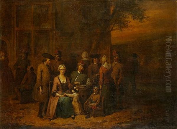 Personnages Attables Devant Une Auberge Oil Painting by Jan Baptist Lambrechts