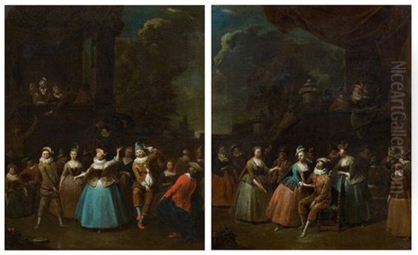 Scene De Carnaval Devant Un Palais Classique Et Arlequin Au Milieu D'elegantes Costumees (pair) Oil Painting by Jan Baptist Lambrechts