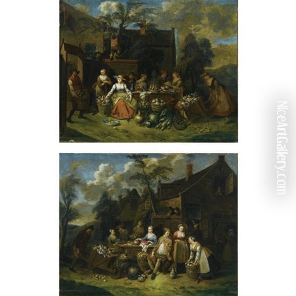 An Elegant Company In A Landscape Amongst Different Fruits And Vegetables, A Man With A Wheelbarrow Entering From The Left (+ An Elegant Company In A Landscape Amongst Different Fruits And Vegetables, A Woman With A Wheelbarrow Entering From The Right; Pa Oil Painting by Jan Baptist Lambrechts