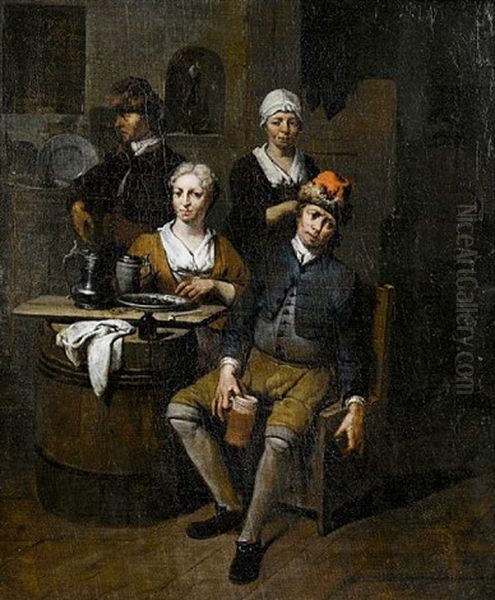 A Tavern Interior With Figures Seated At A Table Drinking Oil Painting by Jan Baptist Lambrechts