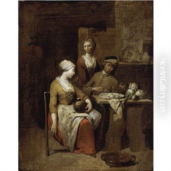 A Tavern Interior With A Gentleman Holding A Pipe And A Maid Holding A Gourd, A Serving Girl Beyond Oil Painting by Jan Baptist Lambrechts