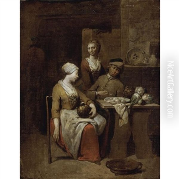 A Tavern Interior With A Gentleman Holding A Pipe And A Maid Holding A Gourd, A Serving Girl Beyond Oil Painting by Jan Baptist Lambrechts