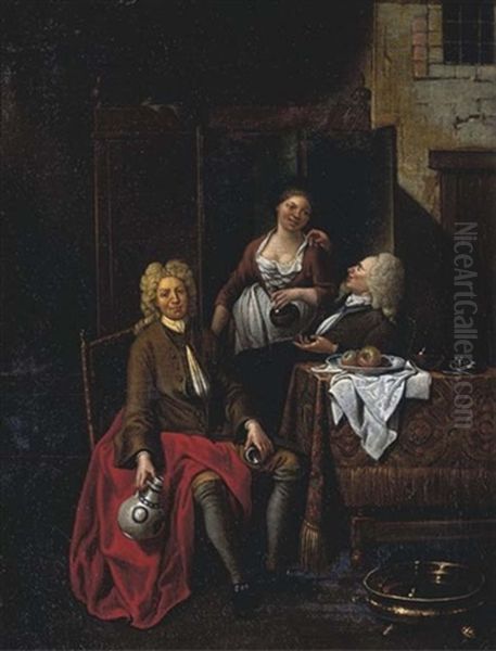 Two Gentlemen Seated At A Table, With Female Company Oil Painting by Jan Baptist Lambrechts