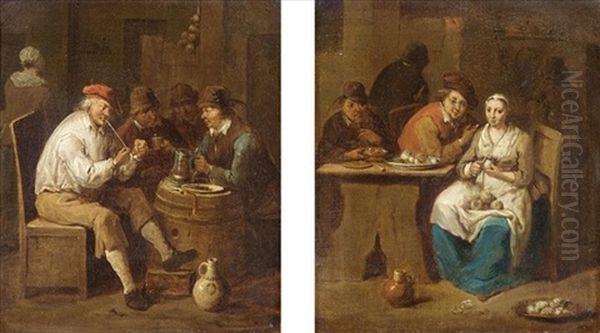 A Tavern Interior (+ Another, Similar; Pair) Oil Painting by Jan Baptist Lambrechts