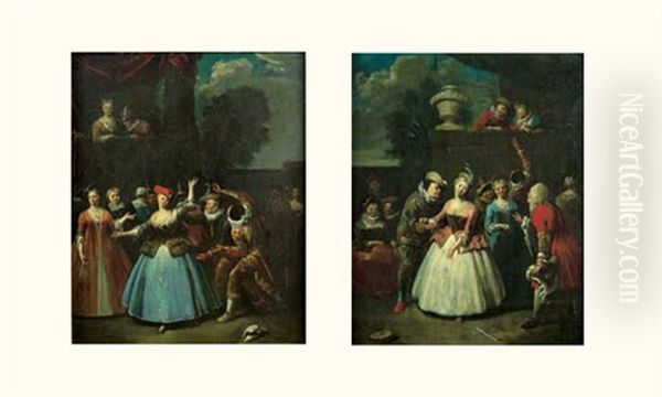 Arlequin Courtisant Une Jeune Femme (+ Arlequin Dans Un Bal; Pair) Oil Painting by Jan Baptist Lambrechts