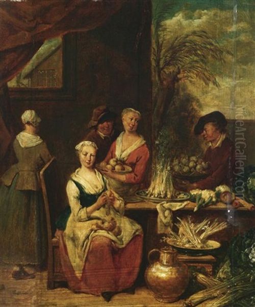 Magde Im Hinterhof Bei Den Vorbereitungen Eines Mahls Oil Painting by Jan Baptist Lambrechts