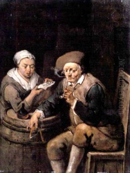 A Peasant Smoking A Pipe With A Woman Reading A Letter At A Table Oil Painting by Jan Baptist Lambrechts