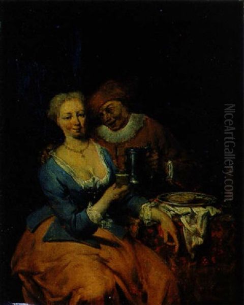 Couple En Train De Trinquer Devant Une Collation Oil Painting by Jan Baptist Lambrechts